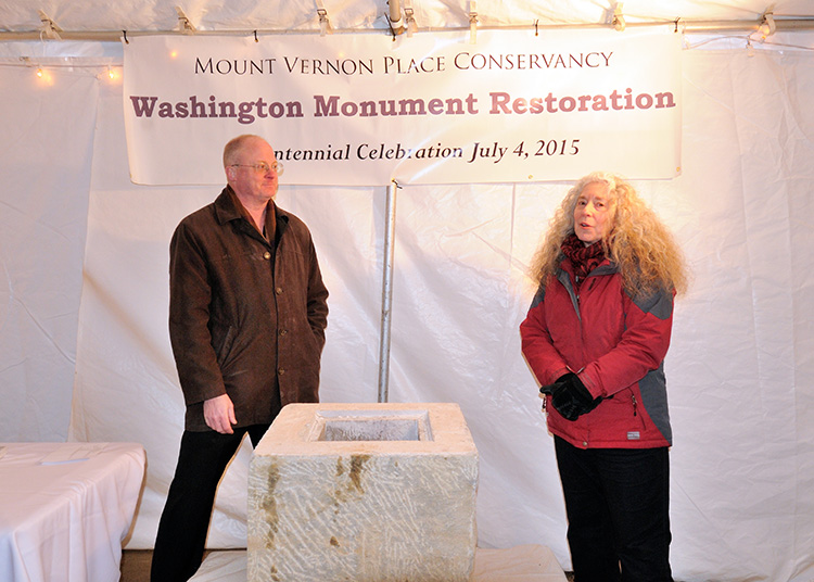 Lance Humphries, Chair of Restoration Committee, Mount Vernon Place Conservancy and Terry DraymanWeisser, Director of Conservation, The Walters Art Museum have a hard time containing their excitement as they talk about the future of 200-year-old cornerstone time capsule.
